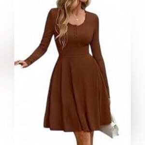 BTFBM Dress SzXL Brown Long Sleeve Fit-and-Flare Button/w Pockets Ribbed